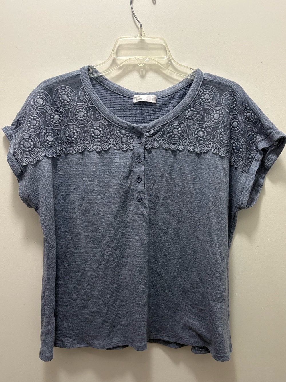 89th & Madison Dusty Blue Short Sleeve Embroidered Yoke Tee